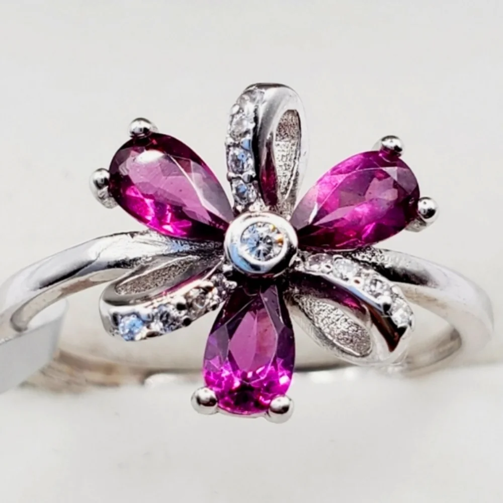 Natural Purple Garnet Flower 925 Sterling Silver Ring